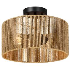 Drum semi flush mount ceiling light fixture with black hardware, is the unique blend of eclectic nautical and rustic vintage style. Cage shade is crafted of natural rattan/paper rope, making an addition to your space with natural ambience. Filtering the light from within, each piece creates a play of light and shadow in a room, adding an inviting ambience. This collection can work with a variety of boho decors and even work in homes with coastal or farmhouse styling, which is an ideal selection for hallway, entryway, stairway, door way, or a foyer as a ceiling light. True Fine Riata 2-Light Matte Black LED Semi mount light | TD90049FL Bohemian Light Fixtures, Boho Light Fixture, Bedroom Light Fixtures, Vintage Style Decorating, Zen Decor, Semi Flush Lighting