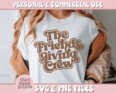 the friends giving crew t - shirt design is shown in front of a pink background