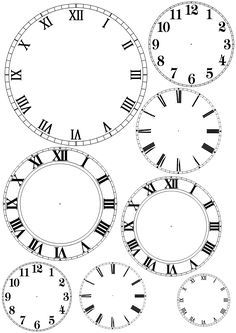 four different clocks with roman numerals and numbers on the faces, all in black and white