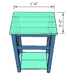 a blue table with measurements for the top and bottom section, including two shelves on each side