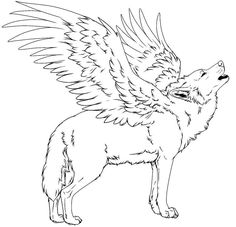 a drawing of a wolf with wings on it's back, looking up at the sky