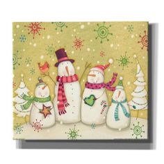 three snowmen standing next to each other in front of christmas trees and snowflakes