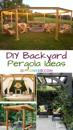 an outdoor pergola with lights and furniture in the background, surrounded by greenery