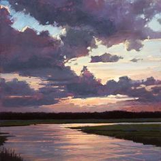 a painting of clouds and water at sunset