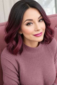 Cute Hair Colors For Blue Eyes, Dark Copper Balayage Brunette Bob, Colors To Add To Brown Hair, Long Bob Hairstyles Burgundy, Copper Purple Balayage, Burgundy Balayage On Brown Hair, Burgundy Hair Color Short, Short Dark Fall Hair, Hair Color Ideas For Brunettes For Fall Chocolate Brown Highlights