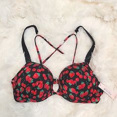 New Victoria's Secret Bombshell Swim Collection Bikini Top Pushup 36b Bombshell Adds 2 Cup Sizes Cherry Print Studded Black Rhinestones On Straps Strappy Back Summer Stretch Padded Bra, Fitted Padded Bra For Summer, Red Summer Bra, Victoria's Secret Summer Push-up Bra, Victoria's Secret Fitted Summer Bra, Summer Push-up Fitted Bra, Summer Stretch Push-up Bra, Stretch Push-up Bra For Summer, Fitted Red Bra For Summer