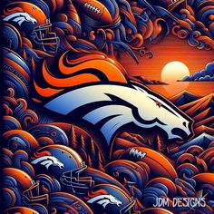 the denver football team is depicted in an artistic painting style with orange, blue and white colors