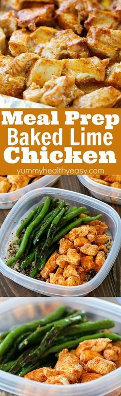 meal prep baked line chicken and green beans in plastic containers with text overlay that reads meal prep baked line chicken and green beans