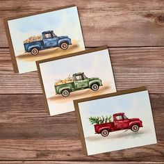 three greeting cards featuring two trucks with christmas trees in the bed and one truck carrying a tree