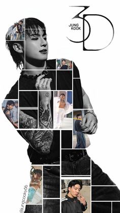 a man with tattoos standing in front of a collage of photos and the words d