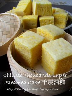 several pieces of yellow cake sitting on top of a table