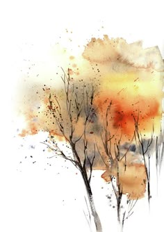 watercolor painting of trees with orange sky in the background