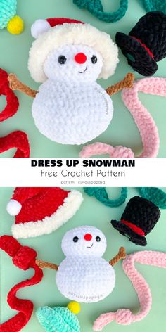 crochet christmas hats and ornaments are shown in two different photos, one with a santa