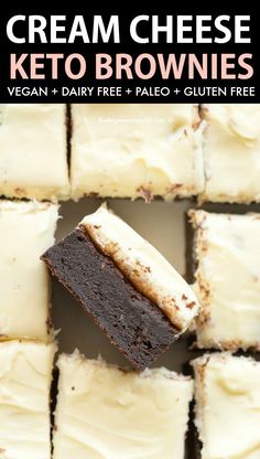 cream cheese keto brownies are cut into squares and stacked on top of each other