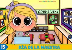 a cartoon girl with big eyes in a classroom