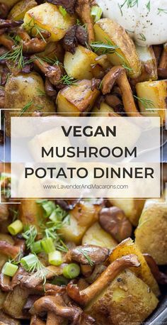 vegan mushroom potato dinner in a pan with text overlay