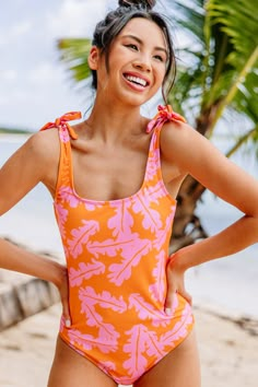 orange and pink palm one piece Boutique Swimwear, Somewhere On A Beach, Beach Pink, Floral Cocktail Dress, Cruise Outfits, Black Tie Dress, Long Sleeve Outerwear, Two Piece Swimwear, Cute Preppy Outfits