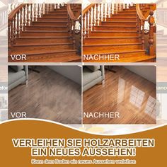 an advertisement for a new home with stairs and wood flooring in different stages of being cleaned