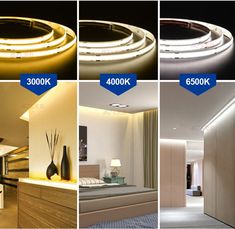 four images show different lighting options for a bedroom and living room in various stages of development