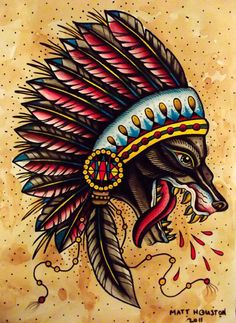 Tatoo Dog, Headdress Tattoo, Indian Wolf, Indian Headdress, Traditional Ink, American Tattoos, Tattoos Art, Traditional Tattoo Design