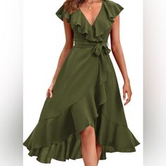 Prettygarden Women's Wrap Midi Dress Casual Boho Deep V Neck Short Sleeve Ruffle Hem Split Beach Long Dresses Army Green. Maxi Dress Casual Boho, Wedding Guest Midi Dresses, Long Beach Dress, Ruffle Midi Dress, Plunge Dress, Light Dress, Wrap Midi Dress, White Chiffon, Midi Dress Casual