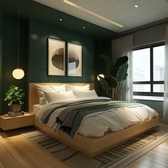 a large bed sitting next to a window in a room with wooden floors and green walls