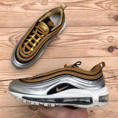 Brand New Nike Air Max 97 Se Metallic Gold/Silver/Black/White Women’s Size 5.5 B.1 Nike Silver Custom Sneakers With Round Toe, Nike Air Max 97 Gold, Nike Training Shoes, Nike Air Max 2090, Suede Shoes Women, Nike Air Max 2015, Nike Internationalist, Running Sneakers Women, Nike Waffle