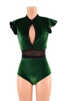 This elegant romper is made of our green stretch velvet, with a keyhole neckline, flip sleeves, and a siren cut leg.It also features a mesh waist panel, black mesh trim,  and a zipper in back. This item is made to order. Ships out within 5 days of purchase.Womens Sizing (See below for instructions on where measurements should be taken)XXS: Bust 29"-30" / Waist 22"-23" / Hips 30"-32"Extra Small: Bust 31"-32" / Waist 24"-25" / Hips 33"-35"Small: Bust 33"-34" / Waist 26"-28" / Hips 36"-37"Medium: B Bio Queen, Leotard Outfit, Green Leotard, Aerial Costume, Elegant Rompers, Mesh Romper, Green Bodysuit, Buy Clothes Online, Keyhole Neckline