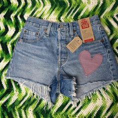 Nwt Levis 501 Cutoffs Size 25 Cute Heart Patches With Americana Vibes / Picnic Trendy Heart Print Bottoms For Spring, Spring Heart Print Cotton Jeans, Trendy Bottoms With Heart Print For Summer, Trendy Summer Bottoms With Heart Print, Trendy Heart Print Bottoms For Summer, Trendy Heart Print Summer Bottoms, Casual High Waist Heart Print Bottoms, Fitted Cotton Bottoms With Heart Print, Fitted Heart Print Bottoms For Spring