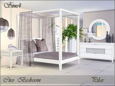 a white bed sitting in a bedroom next to a dresser and table with a potted plant on it