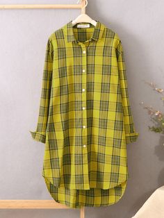 Autumn Layering, Long Shirt Women, Yellow Fits, Casual Long Sleeve Shirts, Long Shirt, Sleeves Pattern, Lapel Collar, Womens Plaid, Long Sleeve Casual