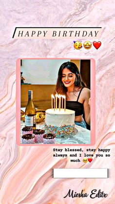 a happy birthday card with a woman in front of a cake