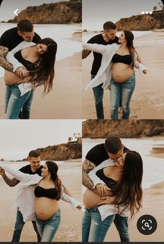 a pregnant couple is hugging on the beach