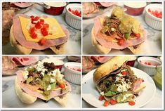 four pictures of sandwiches with different toppings and condiments on the side, including meat