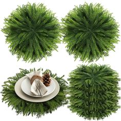 an overhead view of pine cones and plates with napkins on them, surrounded by greenery