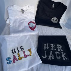 For all my simply meant to be couples, These simplistic her or their Jack, his or their Sally matching t-shirts, made with cotton shirts, and iron-on vinyl.If you are looking for a matching shirt with your significant other and want something simple, with not too much going on, these are perfect for you. Just a small icon on the front, and on the back having the option of your choice of His or Their Sally and Her or Their Jack. I create these shirts when an order is placed! message me with any additional questions :) There is an additional listing on my page coming soon  similar to this, that has just their whole body that is more detailed, rather than just their face icon. Her Jack His Sally, Jack And Sally Shirts, Sally Skellington Shirt, Jack Shirts Nightmare Before Christmas, Jack N Jones Tshirt, Simply Meant To Be, Matching T Shirts, Small Icons, Face Icon