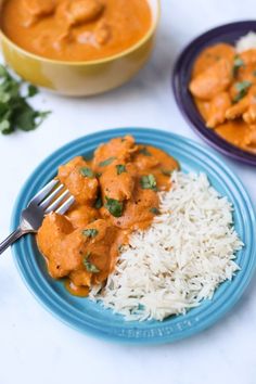 a blue plate topped with rice and chicken curry