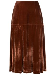 terracotta brown cotton blend velvet effect high-waisted side zip fastening pleated skirt mid-calf length Brown Velvet Skirt, Midi Skirt Brown, Velour Skirt, Loose Skirt, Velvet Midi Skirt, Brown Velvet, Velvet Skirt, Mid Calf, Pleated Skirt