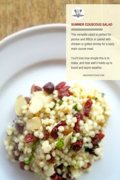 a white plate topped with rice and cranberry sauce next to a card that says summer couscous salad