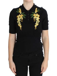 Dolce & Gabbana Elegant Black Silk Floral Polo Women's Top Luxury Short Sleeve Polo Shirt With Embroidered Logo, Luxury Green Short Sleeve Shirt, Luxury Short Sleeve Polo Shirt With Button Closure, Polo Women, Floral Embroidered Top, Polo Top, Casual Vest, Dolce E Gabbana, Embroidered Silk