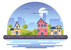 an image of houses in the rain with trees and buildings on the other side of the water