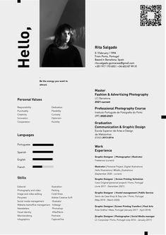 a black and white resume with an image of a woman in the center on it