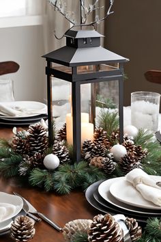 a table set for christmas with pine cones and candles