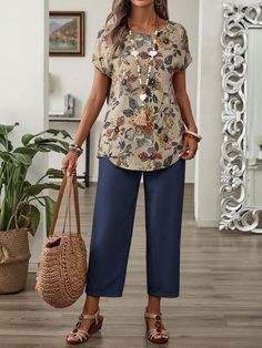 2pcs Women Resort Casual Floral All-Over Print Shirt And Solid Color Pants Set Multicolor Casual    Colorblock,Floral,Plants,All Over Print  Non-Stretch  Women Clothing, size features are:Bust: ,Length: ,Sleeve Length: