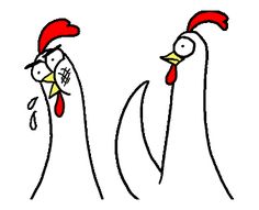 two chickens with red hats are facing each other