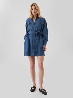 Soft denim mini shirtdress.  Point collar, button front.  Long sleeves.  Patch pockets at front.  Belt at waist.  bResponsibly Made:/b This denim dress is part of our water-saving Washwell program.  Compared with conventional wash methods, Washwell uses at least 20% less water and has saved over a billion liters of water since 2016.  * Fit: Over Dress Family Photos, Womens Denim Dress, Womens Denim, Water Saving, Gap Women, Denim Mini, Shirtdress, Women's Dresses, Capsule Wardrobe