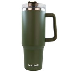 the matttox travel mug is green and has a stainless steel lid, with an insulated handle