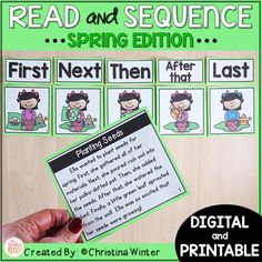 a hand holding up a printable reading and sequence book for beginning with the first next then