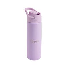 thermos water bottle with handle is shown in lila, and has an inscription on it