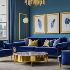 a living room with blue walls and gold accents